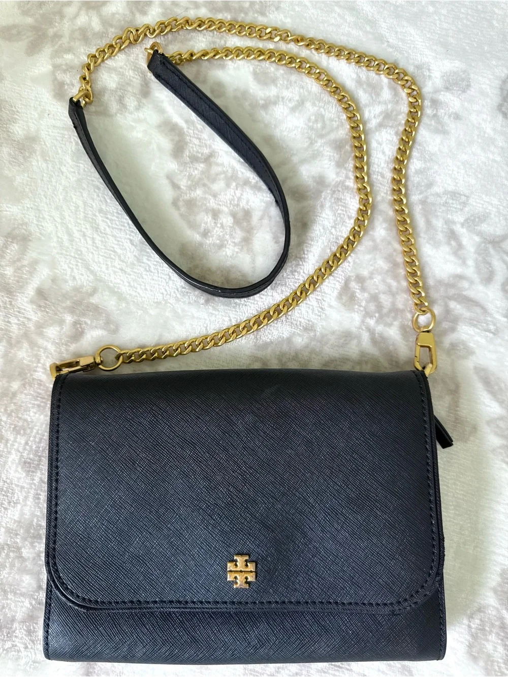 Tory Burch Emerson Chain Wallet Saffiano Leather Crossbody Bag - Black